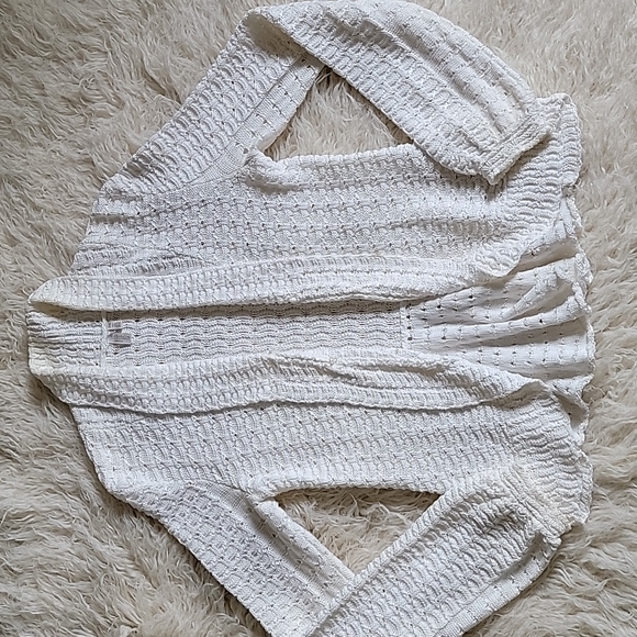 Madison Sweaters - Madison Petite Crochet Open Weave Knit Balloon Sleeve Cardigan with Ruffle Back